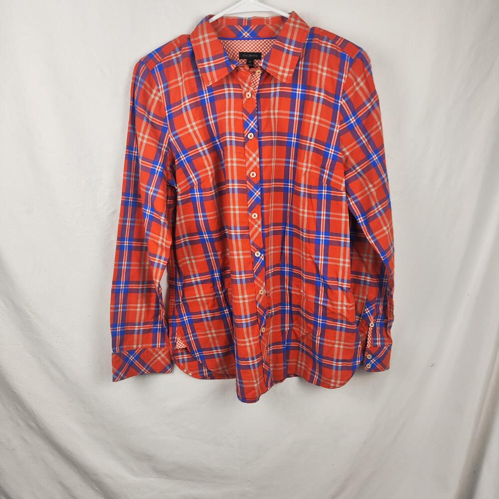 Talbots Shirt Womens Medium Red Blue Plaid Button Front Long Sleeve Casual
